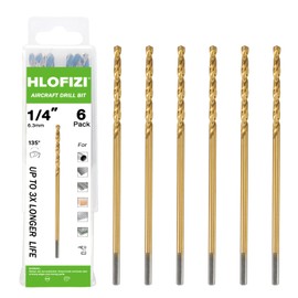 HLOFIZI 1/4 x 6 Inch Extra Long Drill Bits (6 Pack), Aircraft Drill Bit Titanium M2 High Speed Steel for Wood, Plastic, PVC, Thin Metal Sheet