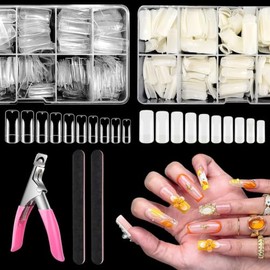 Paquete de 2 uñas acrílicas postizas transparentes y naturales, media cubierta, 10 tamaños, 500 unidades, uñas artificiales francesas a presión, manic