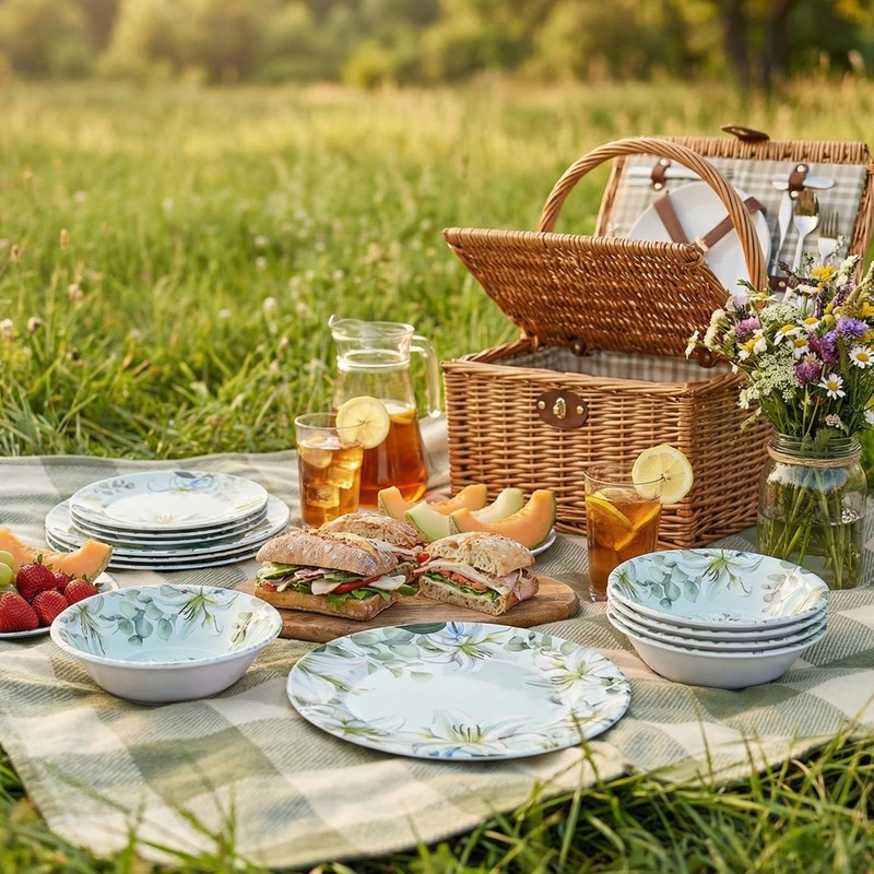 Yinshine 12-Piece Melamine Dinnerware Set, Green & White
