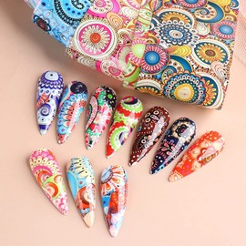 Holographic Nail Foil Transfer Stickers Decals, Colorful Bohemian Nail Polish Sheets Sky Starry Paper Transfer Foils Flower Nails Supplies for Nail Transfer Glue Women Manicure Nail Film Decorations