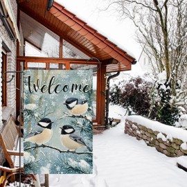 Heyfibro Welcome Winter Garden Flag 12x18 Inch Double Sided Burlap Birds Snowflake Yard Banner for Seasonal Christmas Outside Outdoor Decoration (ONLY FLAG)
