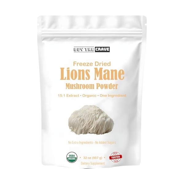 Organic Freeze Dried Lions Mane Mushroom Powder, Extract 15:1, Memory,
