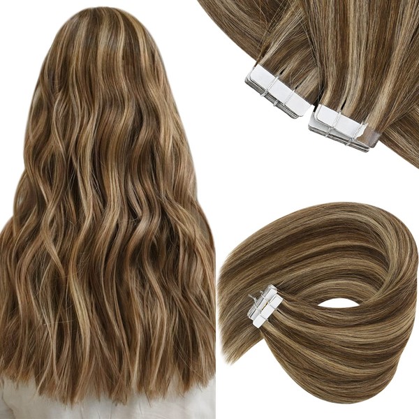Sunny Brown Tape in Hair Extensions Brown Highlights Human Hair Tape Hair Extensions #P4/27 Dark Brown Highlights Caramel Blonde Remy Long Hair Tape in Extensions Human Hair 24inch 50g 20pcs