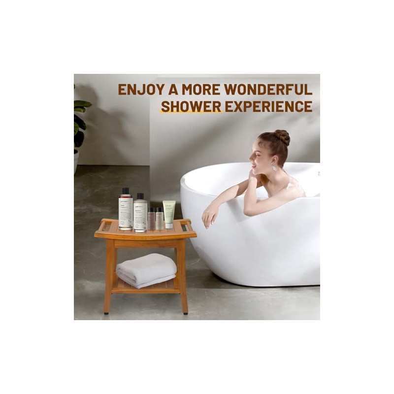 20" Premium Teak Shower Bench with Shelf & Handle, Solid