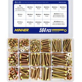 MINHER 584PCS M6 M8 M10 Heavy Duty Bolts and Nuts Assortment Kit Grade 8.8 Alloy Steel Hex Screws Nuts & Washers,kitIncludes 13 Regular Sizes(Large Box)