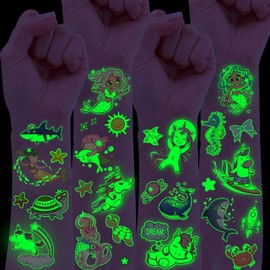 15 Sheets 3D Luminous Ocean Sea Animals Temporary Tattoos For Kids Girls Unicorn Mermaid, Glow In The Dark Night Temp Fake Tattoos Stickers Children, Glitter Tatoos Seaside Beach Party Favor Supplies