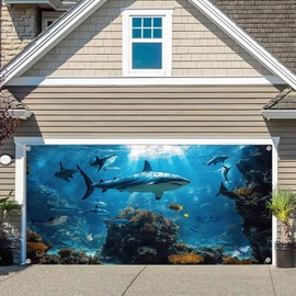 16X7FT Shark Under The Sea Garage Door Decoration Cover, Blue Ocean Shark Underwater Sea Animal Garage Door Banner Backdrop, Boy Girl Birthday Party Decor Background