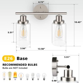 Unicozin 2 Light Vanity Lights, Brushed Nickel Wall Sconce Light with Clear Glass, Bathroom Light Fixtures, Wall Lights for Mirror, Living Room, Bedroom, Hallway, E26 Base (Bulbs Not Included)