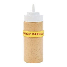 Restaurantware-First in First Out 2.75 x 0.75 Inch Garlic Parmesan Label Band, 1 Durable Squeeze Bottle Sticker - Flexible, Dishwashable, Yellow Silicone Printed Colored Food Label for Restaurants