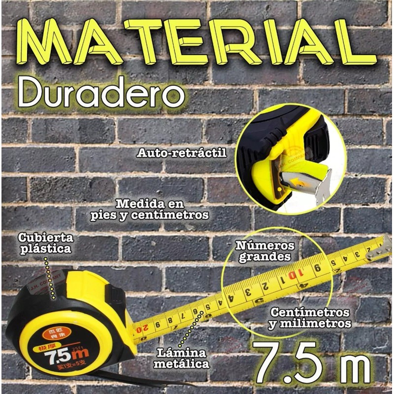 J.H. Company Flexometro Contra Impacto 7.5 Metros 21mm Cinta Metrica