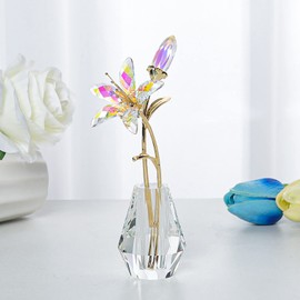 LONGWIN Crystal Artifical Tiger Lily Flowers with Crystal Vase - AB Coated Crystal Collectible Figurines Decorative Blooming Lily Flower for Home,Wedding - Gift Idea for Mothers Day, Valentine's Day