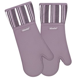 Alselo Silicone Oven Mitts Heat Resistant 550 Degree Extra Long Kitchen Gloves Pot Holders with Waterproof and Non-Silp for Baking Cooking Barbecue Microwave Machine Washable (Extra Long Purple, 2)