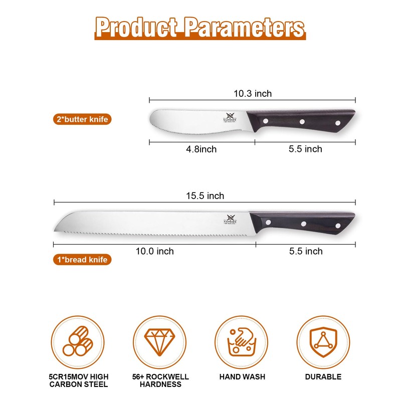 Naitesen 3PCS Serrated Bread Knife and Butter Knife Set