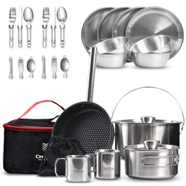 CretFine CampPro Camping Cook Sets Stainless Steel Camping Cookware Set for 4-8 Camping Equipment, Stainless Steel Camping Pots RV Cooking Set, Camp Cookware Set & Car Camping, Bushcraft with Bag