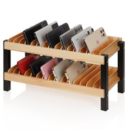 Echaprey 30-Grid Wooden Cell Phone Holder Desktop Multiple Classroom Cell Phone Holder Phone Storage Organizer Rack Box Caddy for Office School Classroom with 1-30 Number Stickers