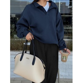 Fisoew Womens Oversized Sweatshirts Casual Collared V Neck Long Sleeve Trendy Loose Tunics Fall Pullover Tops Navy