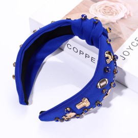 GLBCC Football Knotted Headband for Women Sports White Pearl Rhinestone Crystal Jeweled Headpiece Fun Twist Knot Headband College Game Day Hair Accessories Gift (blue football headband A)