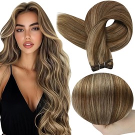 Full Shine Weft Hair Extensions Remy Hair Extensions Highlight Brown Hair Weft Sew In Real Hair Color Brown Highlight Honey Blonde Human Hair Bundles For Women 16 Inch 105G