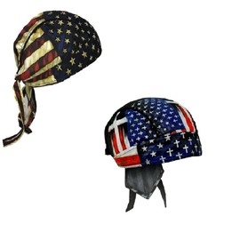 Generic Rustic Distressed American Flag and Christian Cross Patriotic Motorcycle Durag Premium Biker Headwraps, Set of 2, Navy/Red/White