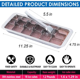 KAYCROWN 18/8 Stainless Steel Ice Cube Tray, 18 Slot Metal Ice Cube Tray with Easy Release Handle for Making Various Large Ice Cubes, Removable Slots for Easy Ice Cube Removal (Tweezers & Hammer)