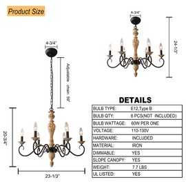Cawabien French Country Chandelier-Farmhouse Chandeliers for Dining Room 6 Lights Fixture Rust Imitation Wood Finish for Living Room, Bedroom, Kitchen, Stairway, Bathroom (Dia 23.3”)