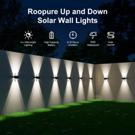 8 Pack Solar Powered Fence Lights Outdoor Up and Down Wall Mount LED Decorative Waterproof Lamps for Outside Patio, Backyard, House, Front Door, Auto On-Off Function for Energy Saving (Cool White)