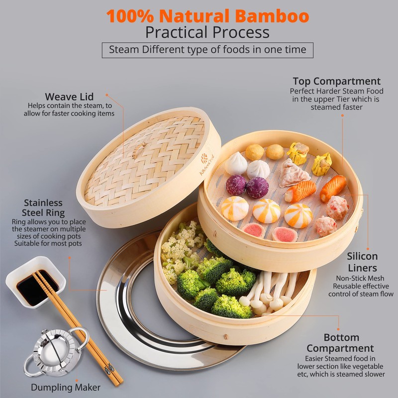 KITCHENCRUST Bamboo Steamer Basket for Chinese Asian Cuisine - 2