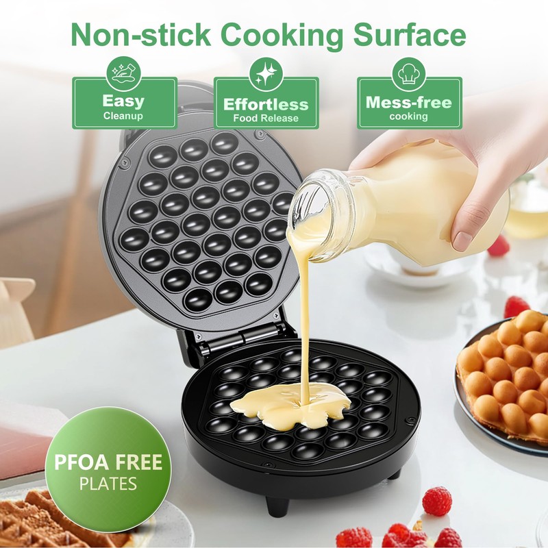 Bubble Waffle Maker, 1000W 7" Non-Stick Griddle, Hong Kong Egg