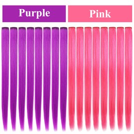 Rhyme 16 PCS 21" Colored Clip in Hair Extensions Pink and Purple Hair Extensions for Kids Girls Clip in Pink Purple Hair Clips Hair Extensions for Kids Party Highlights Pink Purple hair Accessories (Pink Purple)