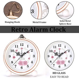BVI BOOMERVIVI Classic Vintage Clock - Elegant and Decorative Analog Clock,Silent Non-Ticking Alarm Clock with Distressed Metal Frame for Office, Living Room or Bedroom (Rose1)