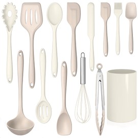 LIANYU Kitchen Utensils Set with Holder, 14 Pcs Silicone Cooking Utensils Spatula Set, Heat Resistant Cookware Tools Includes Spoon Turner Whisk Tong, Dishwasher safe, Khaki White