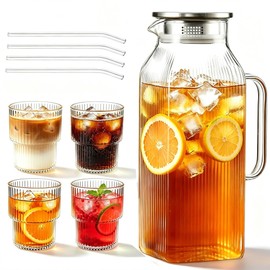 Glass Pitcher with Lid and 4 Glass Cups Set, 68 oz Borosilicate Water Pitcher with Handle, Glass Pitcher and Glasses Set for Lemonade, Iced Tea, Juice, Fruit Water, Hot & Cold Beverage