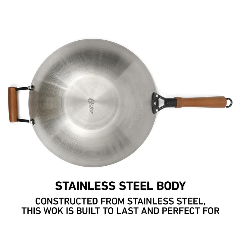 Oster Sangerfield 14-Inch Stainless Steel Wok With Wood Handles, Durable