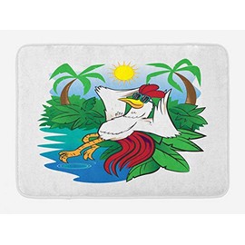 Ambesonne Sunglasses Bath Mat, Tropical Layout of a Rooster in Paradise Exotic Island Vacation Scene, Plush Bathroom Decor Mat with Non Slip Backing, 29.5" X 17.5", Fern Green Multicolor