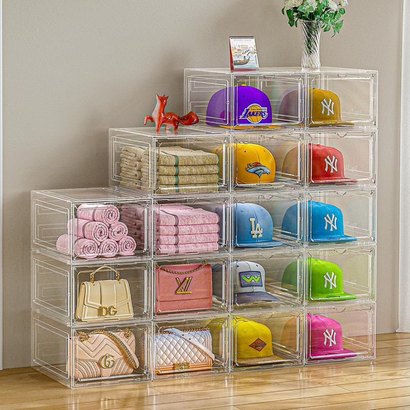 Hat Organizer Box for Baseball Caps, 6 Pack Clear Plastic