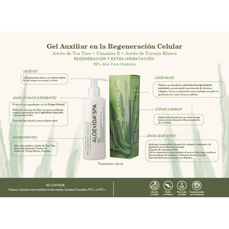 Aloe Vida Gel 99% Aloe Vera Orgánico con Aceite de