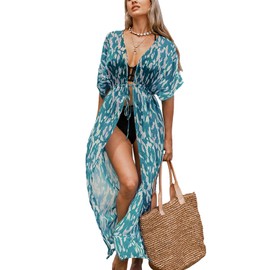 CUPSHE Kimono Swimsuit Coverup for Women Open Front Striped Maxi Cardigan Beach Cover Up Turquoise Leopard, S