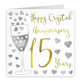 Hunts England - 15th Wedding Anniversary Card - Happy Crystal Anniversary - 15 Years - Silver Hearts Collection - For Couples, Friends, Him, Her