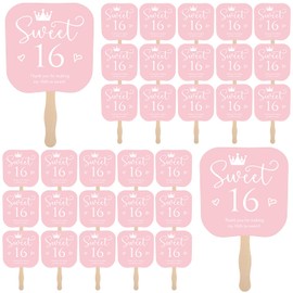 Geelin 50 Pcs Sweet 16 Birthday Party Favors Pink 16 Handheld Fans Thank You Paper Fans with Wooden Handle for Guests Sweet 16 Birthday Gift Souvenir Themed Party Decorations