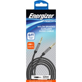 Energizer Ultimate AUX Cable 6ft Auxiliary 3.5mm Audio Cord Nylon Braided Male to Male Metal Tip, Black 6 Feet