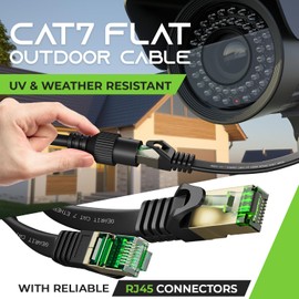 GearIT Cat 7 - Cable Ethernet plano para exteriores (3 pies, negro), con clasificación LLDPE para entierro directo – Cable de conexión RJ45 sin enganches, protegido Cat7, FTP 600 MHz 10 Gbps