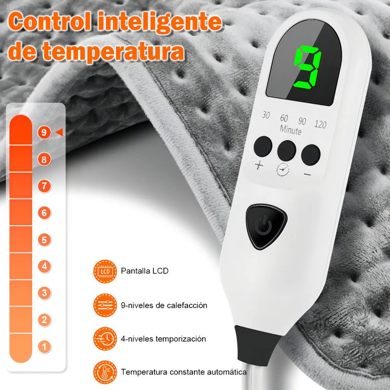 Almohadilla Térmica Eléctrica Cojín 9 Niveles Temperatura Color Gris 60*30cm