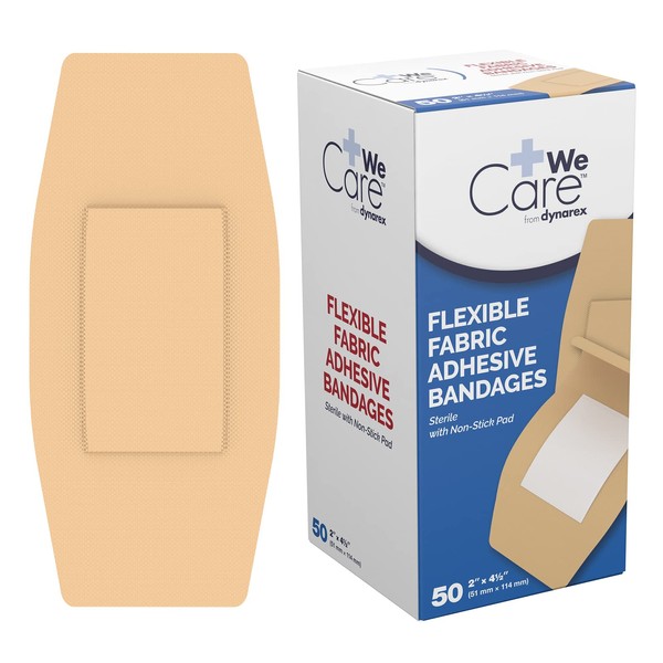 Dynarex Fabric Adhesive Bandages - Sterile & Flexible Fabric Bandages for Wounds - Non-Stick Pads - Individually-Wrapped First Aid Supplies - No Latex - 2x4-1/2", 1 Box of 50