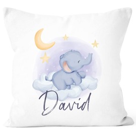 SpecialMe® Children's Cushion Cover with Name and Elephant Name of Choice Moon and Stars Children Baby White 40 cm x 40 cm