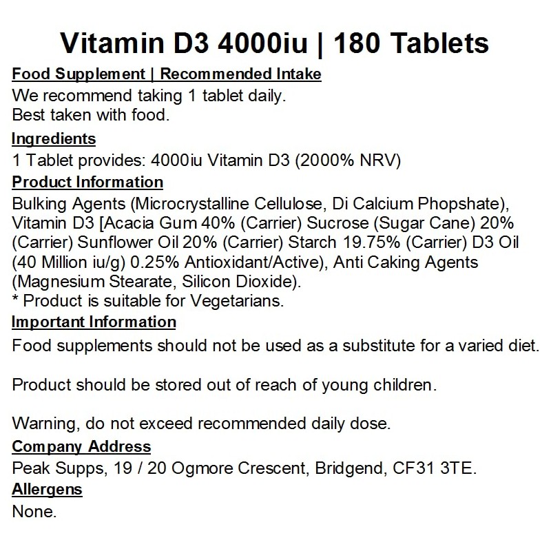 Vitamin D3 4000iu - 180 Tablets | Vegetarian Friendly
