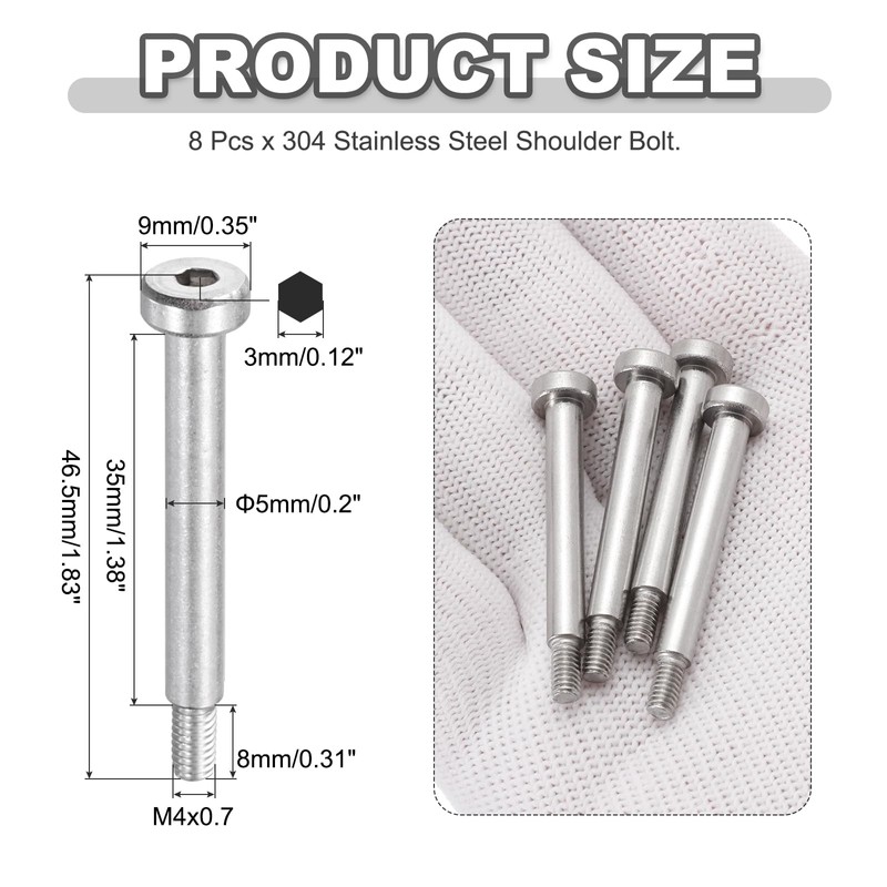 sourcing map 8 Pcs 304 Stainless Steel Shoulder Bolt 5mm