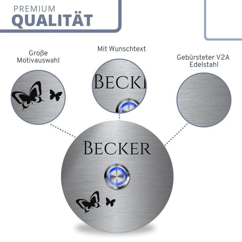 Becker Stainless Steel Doorbells with Individual Engraving - Bell Size: