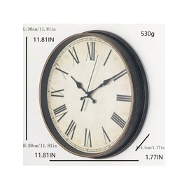 Vintage Wall Clock, 30 cm Roman Numeral Design, Antique Black Frame with Gold Trim