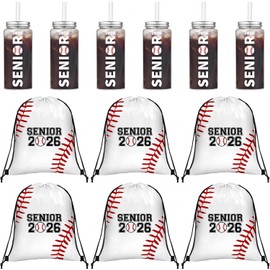 Skylety - 12 piezas de béisbol 2025, regalos de noche para personas mayores, 6 piezas de 14 onzas, copas de béisbol de plástico con tapa y pajita, paquete de 6 bolsas con cordón para regalos de equipo