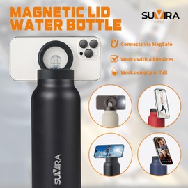 Suvira Water Bottle -Magnetic Attachment Compatible Water Bottle with Magnetic Phone Holder - Stainless Steel Water Bottle with Tripod Phone Mount -Hot12H,Cold 24H, 360° Rotate (Black, 24 Ounces)